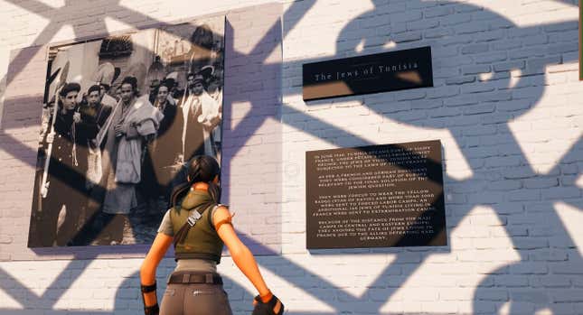 A Fortnite character is seen in the Holocaust museum.