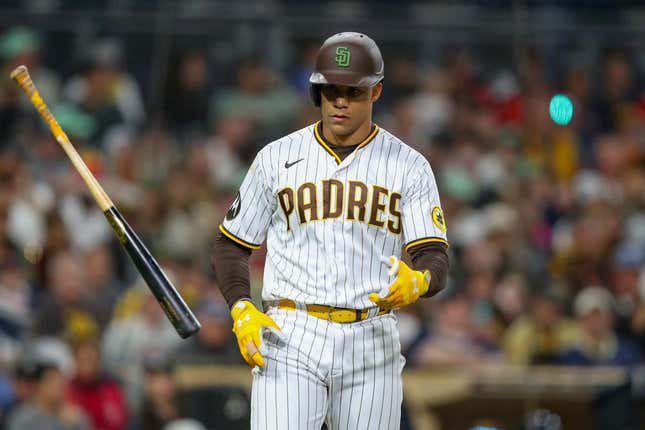 May 20, 2023; San Diego, California, USA; San Diego Padres left fielder Juan Soto (22) throws his bat after drawing a walk in the ninth inning against against the Boston Red Sox at Petco Park.