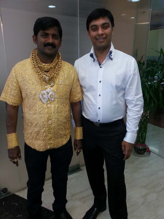 Datta Phuge, left, calls himself the Gold Man. Jeweler Tejpal Ranka fulfills his whims. Courtesy of Ranka Jewellers