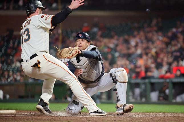 Sep 11, 2023; San Francisco, California, USA; Cleveland Guardians catcher Bo Naylor (23) tags out San Francisco Giants outfielder Austin Slater (13) on a force play at home plate during the seventh inning at Oracle Park.