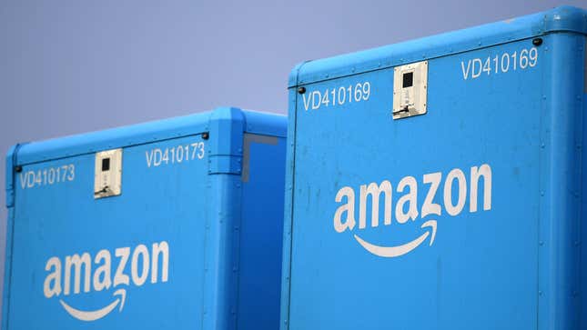 An Amazon sign is pictured at the Amazon Fulfilment Centre in Peterborough, east England.
