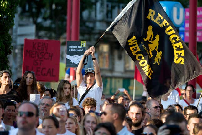 Participants during a demonstration for more rights for refugees under the slogan 'Being a human in Austria - against inhumane treatment of refugees' in Vienna, Austria, 31 August 2015.