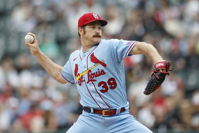 Jul 8, 2023; Chicago, Illinois, USA; St. Louis Cardinals starting pitcher Miles Mikolas (39) delivers a pitch against the Chicago White Sox during the first inning at Guaranteed Rate Field.