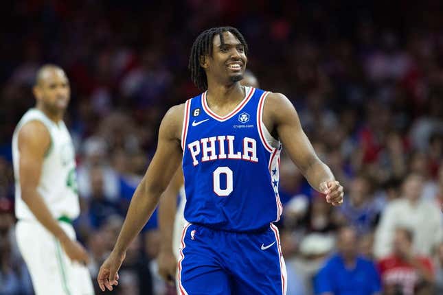 May 11, 2023; Philadelphia, Pennsylvania, USA; Philadelphia 76ers guard Tyrese Maxey (0) smiles after a play against the Boston Celtics during the fourth quarter in game six of the 2023 NBA playoffs at Wells Fargo Center.