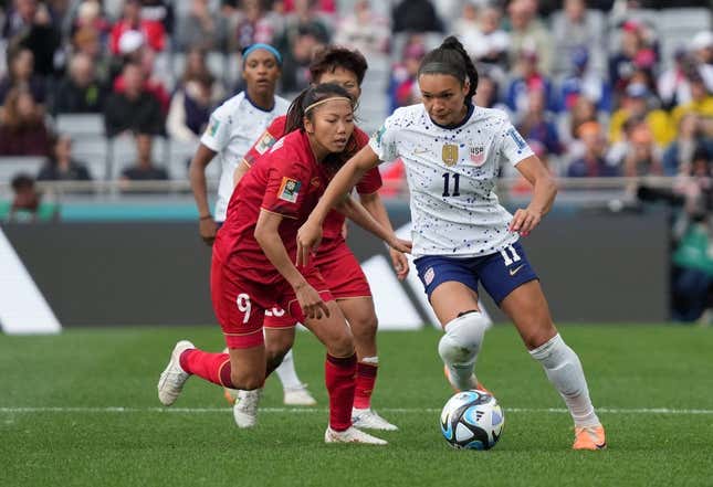 Jul 22, 2023; Auckland, NZL; USA forward Sophia Smith (11) gets the ball past Vietnam forward Huynh Nhu (9) in the second half of a group stage match in the 2023 FIFA Women&#39;s World Cup at Eden Park.