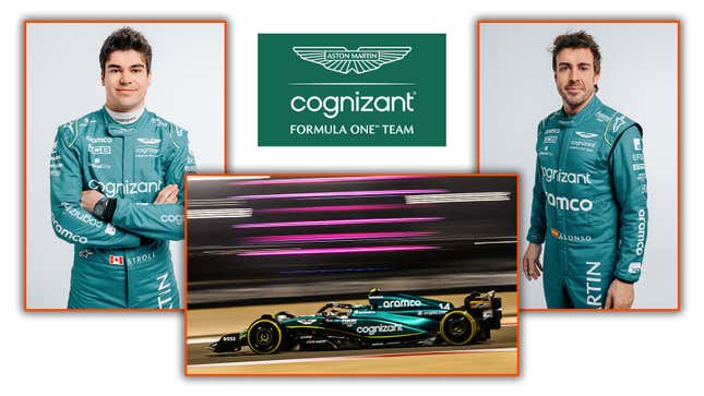 A collage of images including Lance Stroll, Fernando Alonso and the 2023 Aston Martin F1 car. 