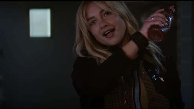 Yelena Belova, played by Florence Pugh, catches a bottle thrown at her on Hawkeye.