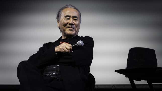 Yoshitaka Amano sits on stage at the Japan Society screening of Angel's Egg on September 10, 2023.