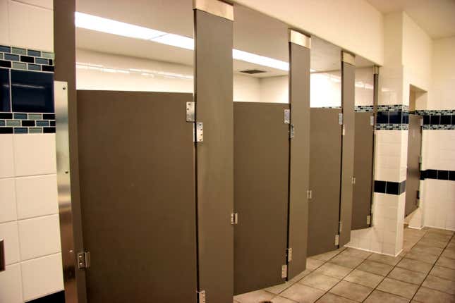 A row of bathroom stalls.
