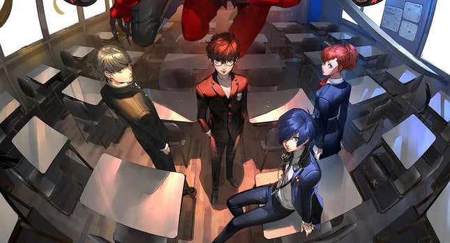 The protagonists of Persona 4, Persona 5, and both the male and female versions of the protagonist of Persona 3, are seen sitting in a classroom while looking into the camera positioned above them.