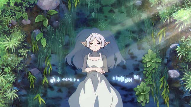 An anime still shows an elf girl wading in a stream like the painting of Ophelia by John Everett Millais.