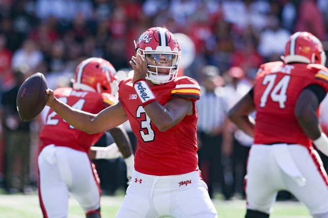 Sep 2, 2023; College Park, Maryland, USA;  Maryland Terrapins quarterback Taulia Tagovailoa (3) looks to throw as the action reflects off his visor during the first half against the Towson Tigers  at SECU Stadium.