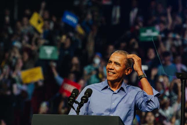 Former US President Barack Obama speaks during a Democratic National Committee (DNC) rally in Philadelphia, Pennsylvania, US, on Saturday, Nov. 5, 2022. 
