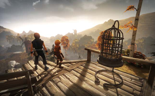 Two brothers stare out over a forest in Brothers: A Tale of Two Sons.