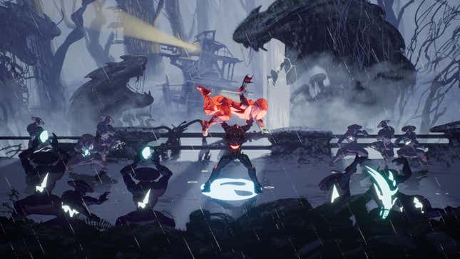 A fighter picks up an enemy and holds it overhead while standing on a bridge in Aeon Must Die.