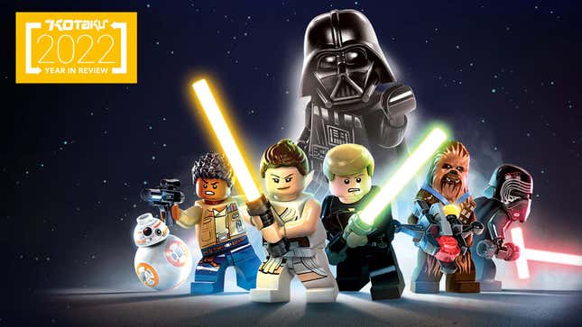 A group of Lego Star Wars characters stand together with Darth Vader behind them all. 
