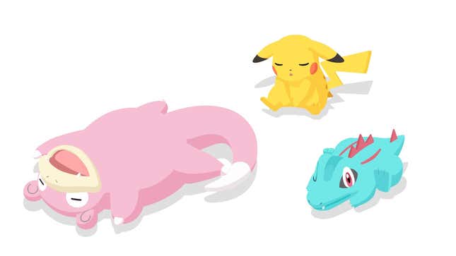 Pikachu, Slowpoke, and Totodile are seen sleeping on a white background.