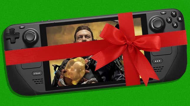 Death Stranding plays on a Steam Deck that's wrapped in a red bow. 