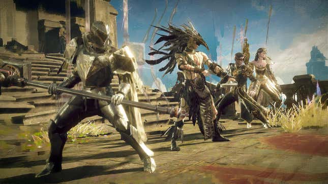A Babylon's Fall image showing four different player character's lined-up in preparation for battle or something.