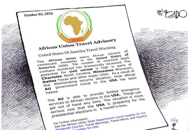 Image for article titled A satirical travel advisory for Africans visiting the US hits close to home on two continents
