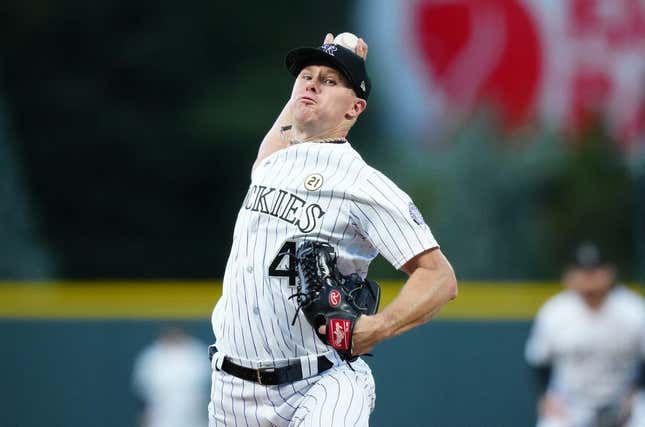 Sep 15, 2023; Denver, Colorado, USA; Colorado Rockies starting pitcher Chase Anderson (45) delivers a pitch in the first inning against the San Francisco Giants at Coors Field.