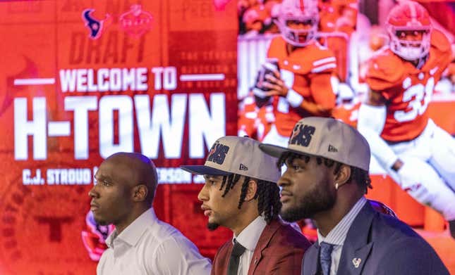 Apr 28, 2023; Houston, TX, USA; Fromm left to right head coach DeMeco Ryans and CJ Stroud (left), second overall pick in the 2023 NFL Draft, and Texans linebacker Will Anderson Jr., third overall pick in the 2023 NFL Draft, answer questions at a press conference at NRG Stadium.
