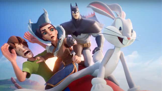 Batman, Arya Stark, and Shaggy look in horror as Bugs Bunny steers their rocket into the ground.