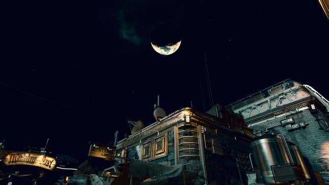 A moon hangs over Akila City.