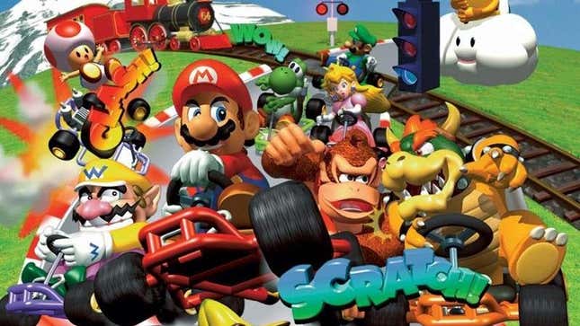 Official Nintendo art of Mario and other race kart drivers competing for first place. 