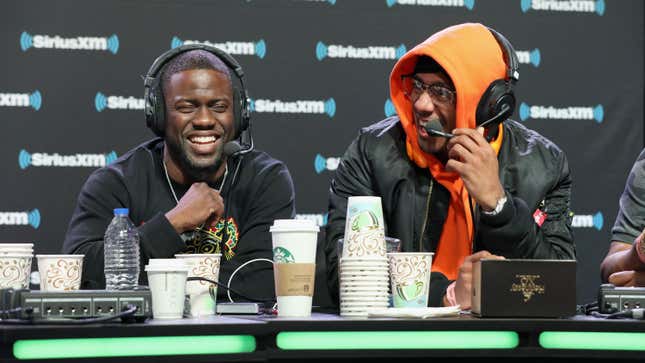 Kevin Hart and Nick Cannon attend SiriusXM on February 01, 2019.