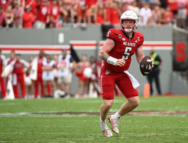Sep 9, 2023; Raleigh, North Carolina, USA; North Carolina State Wolfpack quarterback Brennan Armstrong (5) looks to pass during the second half against the Notre Dame Fighting Irish at Carter-Finley Stadium.