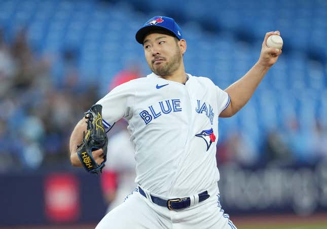 Sep 13, 2023; Toronto, Ontario, CAN; Toronto Blue Jays starting pitcher Yusei Kikuchi (16) throws a pitch against the Texas Rangers during the first inning at Rogers Centre.