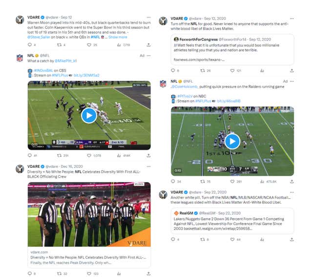 Image for article titled Ads for the NFL are showing up on white nationalist Twitter accounts