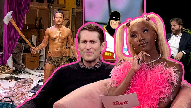 Clockwise from left: Eric Andre (Photo: Adult Swim), Space Ghost (Screenshot: Adult Swim/YouTube), Zach Galifianakis (Screenshot: Funny Or Die/YouTube), Ziwe Fumudoh (Photo: Gwen Capistran/Showtime), Scott Aukerman (Screenshot: IFC/YouTube)