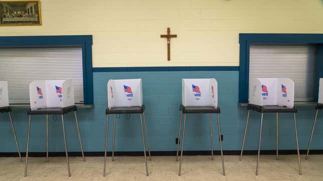 A polling station sits empty at The Transfiguration Catholic Church in West Milton, Ohio, U.S., on Monday, March 16, 2020. Ohio Governor Mike DeWine invoked a health emergency to close the polls in the state's primary on Tuesday, after a judge rejected his recommendation to postpone voting because of the coronavirus threat. Photographer: Kyle Grillot/Bloomberg via Getty Images