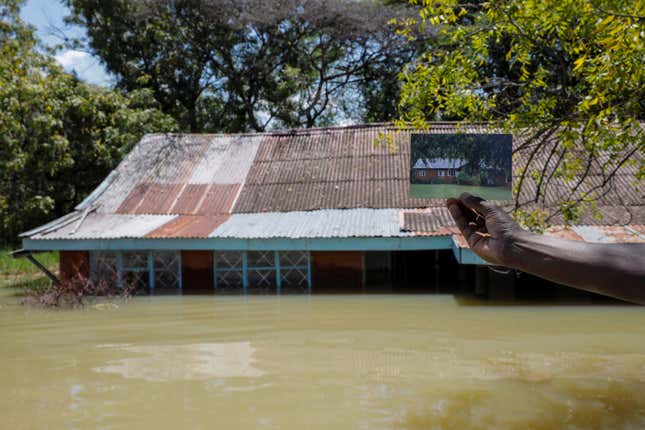 A photo showing a structure before it was submerged under rising water in Lake Baringo, Kenya, Aug. 25, 2020.