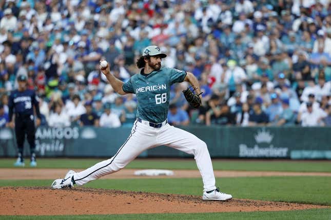 Jul 11, 2023; Seattle, Washington, USA; American League pitcher Jordan Romano of the Toronto Blue Jays (68) pitches against the National League during the seventh inning of the 2023 MLB All Star Game at T-Mobile Park.