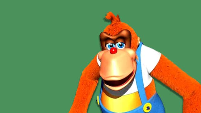 A close up shot of Lanky Kong on a green background. 