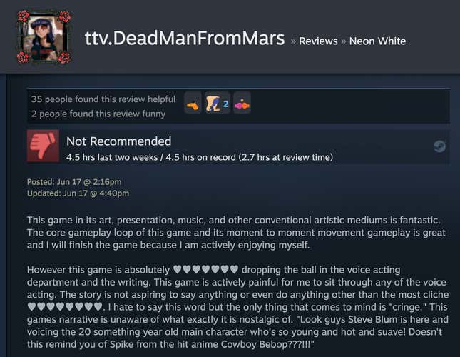 Image for article titled Neon White’s Steam Reviews Are Horny As Hell