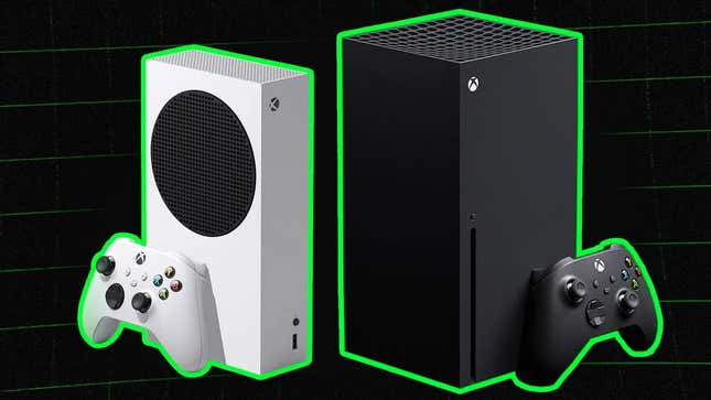 A Xbox Series X/S sit in front of a black grid. 