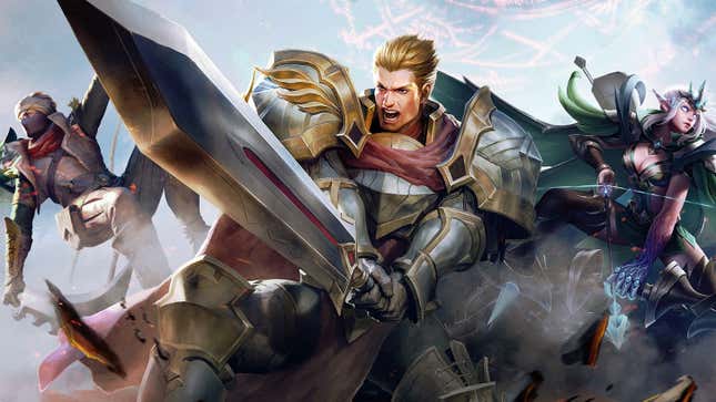 Screenshot of fantasy characters from the MOBA game Honor of Kings, dressed in armor. One guy is holding a sword.