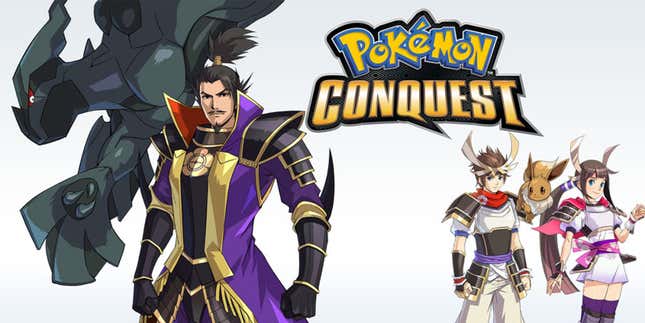 The cast of Pokemon Conquest is seen with Zekrom in the background.