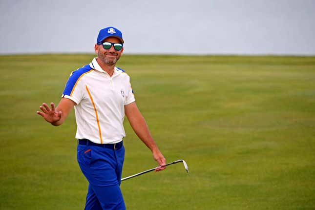 Sep 26, 2021; Haven, Wisconsin, USA; Team Europe player Sergio Garcia waves to the gallery on the 16th hole during day three singles rounds for the 43rd Ryder Cup golf competition at Whistling Straits.
