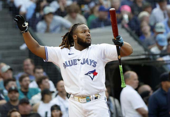 Jul 10, 2023; Seattle, Washington, USA; Toronto Blue Jays first baseman Vladimir Guerrero Jr. (27) during the semifinals of the All-Star Home Run Derby at T-Mobile Park.