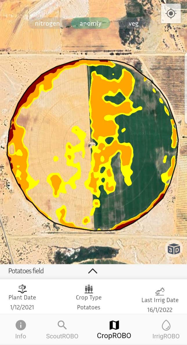 Screenshot from the VAIS app showing temperature irregularities on a potato farm in Egypt.