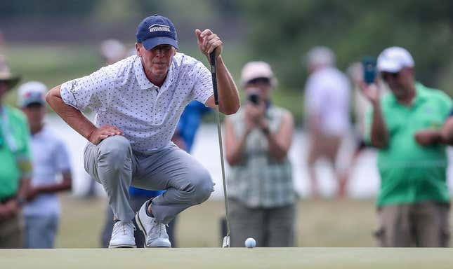 Steve Stricker reads a putt on the 11th green during the final round of the 2023 U.S. Senior Open on Sunday, July 2, 2023, at SentryWorld in Stevens Point, Wis. Stricker finished the tournament in 2nd place at 5-under par.Tork Mason/USA TODAY NETWORK-Wisconsin