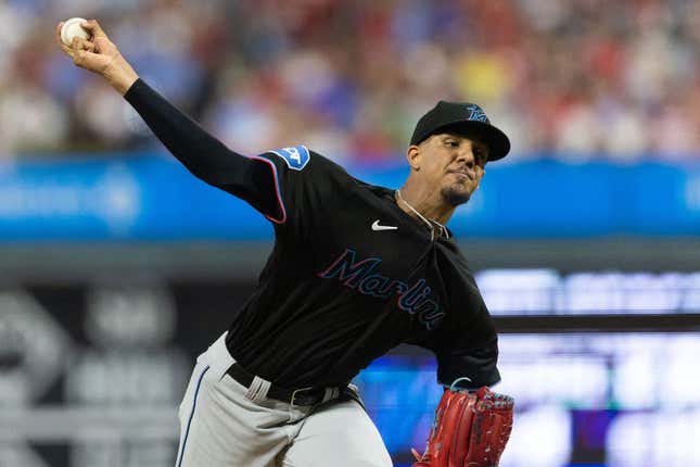 Sep 8, 2023; Philadelphia, Pennsylvania, USA; Miami Marlins starting pitcher Eury Perez (39) throws a pitch during the second inning against the Philadelphia Phillies at Citizens Bank Park.
