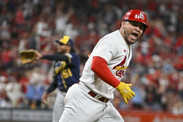 Sep 18, 2023; St. Louis, Missouri, USA;  St. Louis Cardinals catcher Willson Contreras (40) reacts after hitting a solo home run off of Milwaukee Brewers starting pitcher Freddy Peralta (51) during the fourth inning at Busch Stadium.