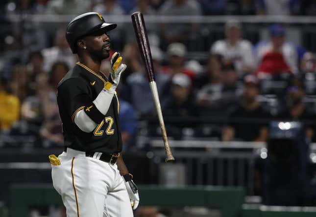 Aug 7, 2023; Pittsburgh, Pennsylvania, USA; Pittsburgh Pirates designated hitter Andrew McCutchen (22) reacts after being called out on strikes by the Atlanta Braves during the sixth inning at PNC Park.