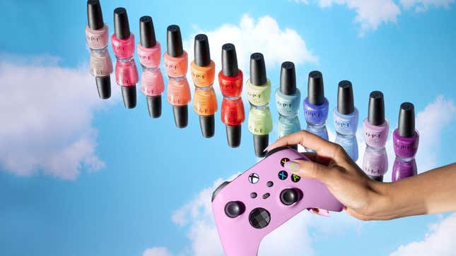 A collection of nail polishes sits on a mirror, facing the sky. A hand holding a controller crosses in front of them.